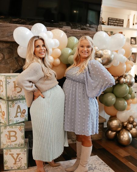 Shop our maternity outfits for baby shower today! 🫶🏼 I am wearing size small in my dress & my sweater is super old, but linking similar! 

Bump friendly | bump fashion | baby shower outfit | maternity fashion 

#LTKbaby #LTKstyletip #LTKbump