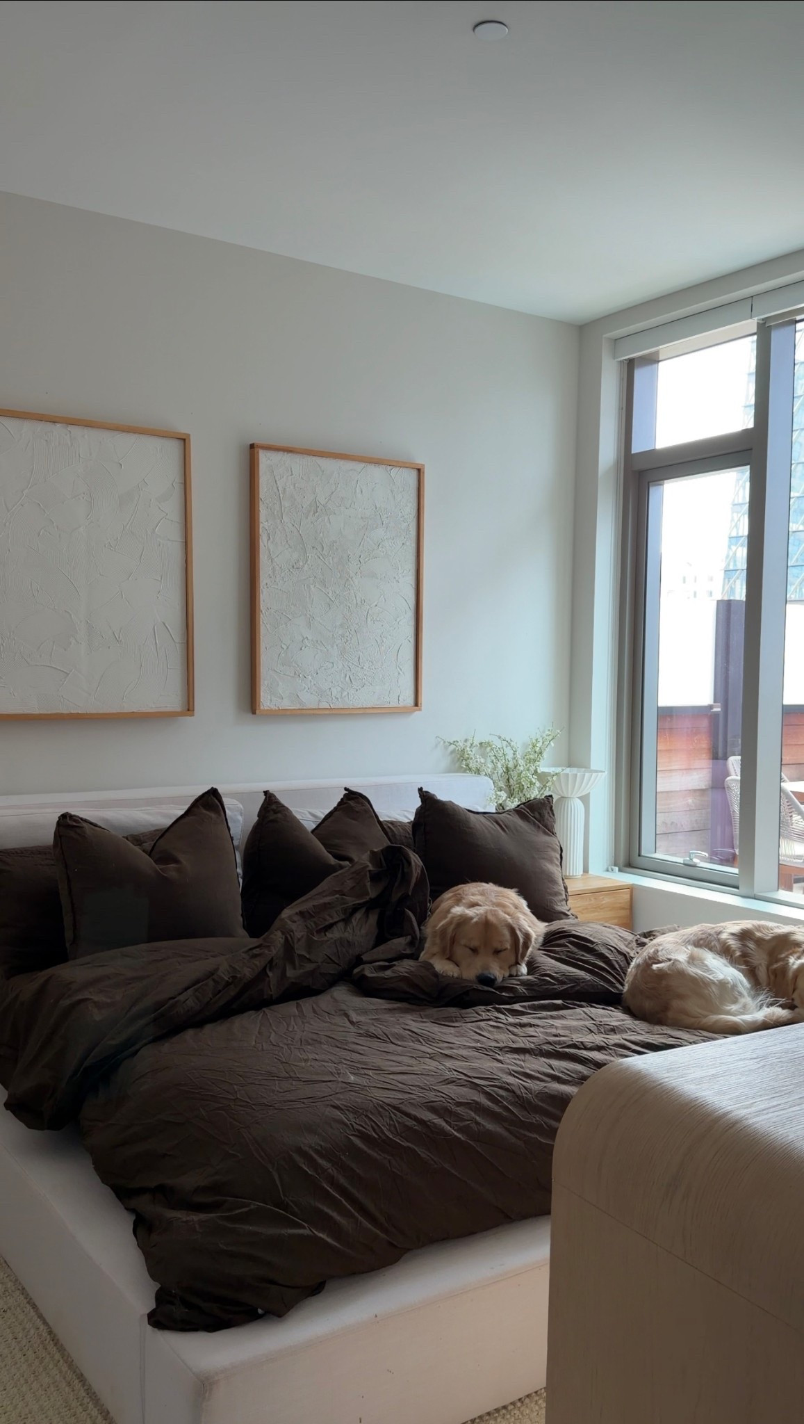bedding 🤎 for the pillows i have 30x30 inserts and 26x26 covers & I have two of the amazon oversized king inserts in my king-size duvet cover for an extra fluffy look!
