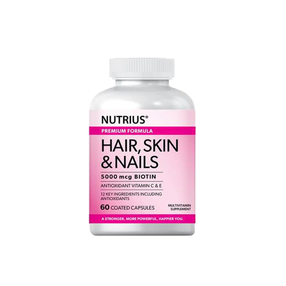 Nutrius Hair, Skin & Nails 5000 mcg Biotin with Antioxidant Vitamin C & E - 60 Coated Capsules | Amazon (US)