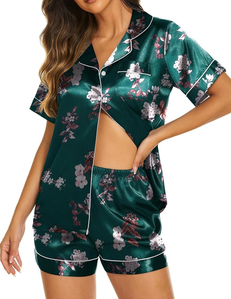 Ekouaer Womens Satin Silk Pajamas Set Short Sleeve Button Down Top and Shorts Sleepwear 2 Piece P... | Amazon (US)