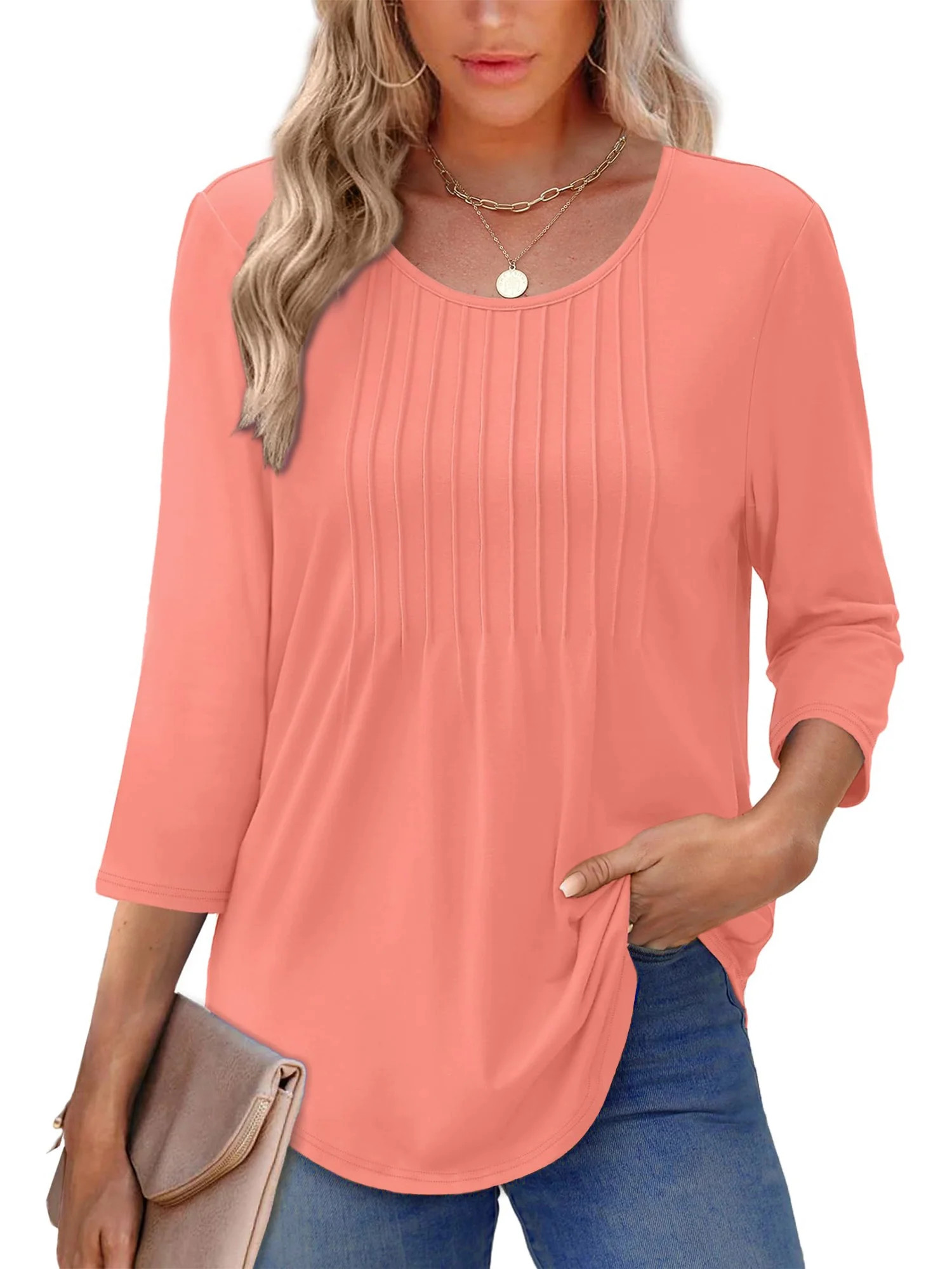 UVN Women Summer Blouses 3/4 Sleeves Loose Fit Shirts Ladies Pleated Crew Neck Tunic Tops | Walmart (US)