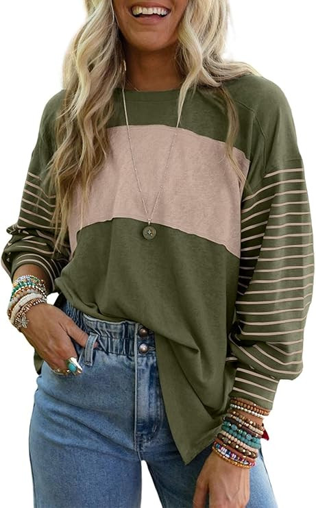 Dokotoo Long Sleeve Tops Oversized 2025 Trendy Round Crew Neck Casual Color Block Womens Shirts B... | Amazon (US)