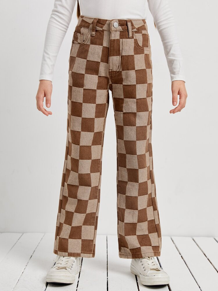 SHEIN Girls Plaid Wide Leg Jeans | SHEIN