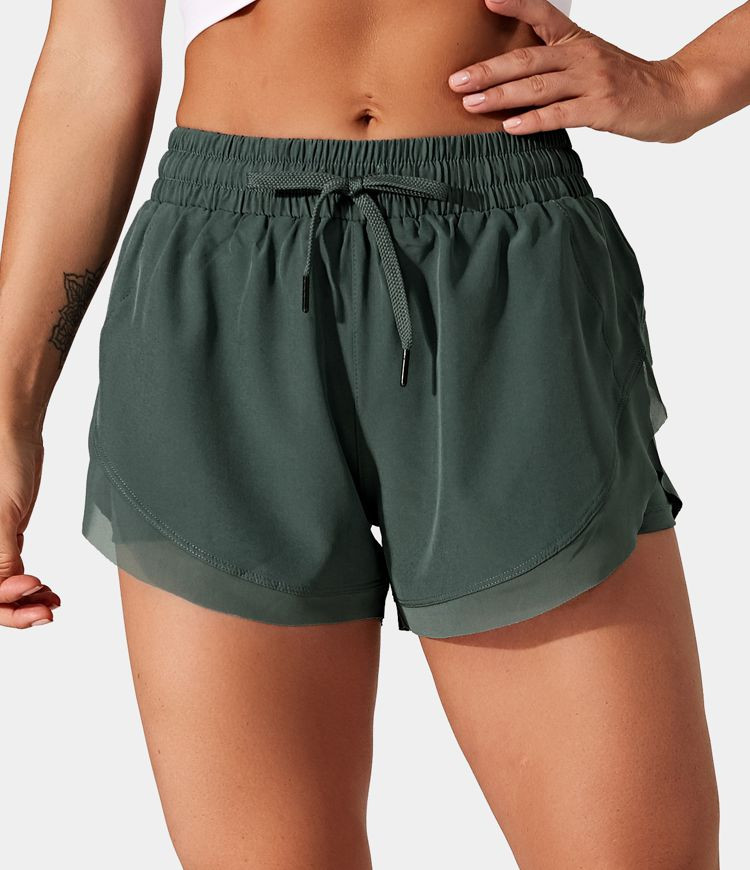Drawstring Contrast Flowy Mesh 2-in-1 Shorts | HALARA