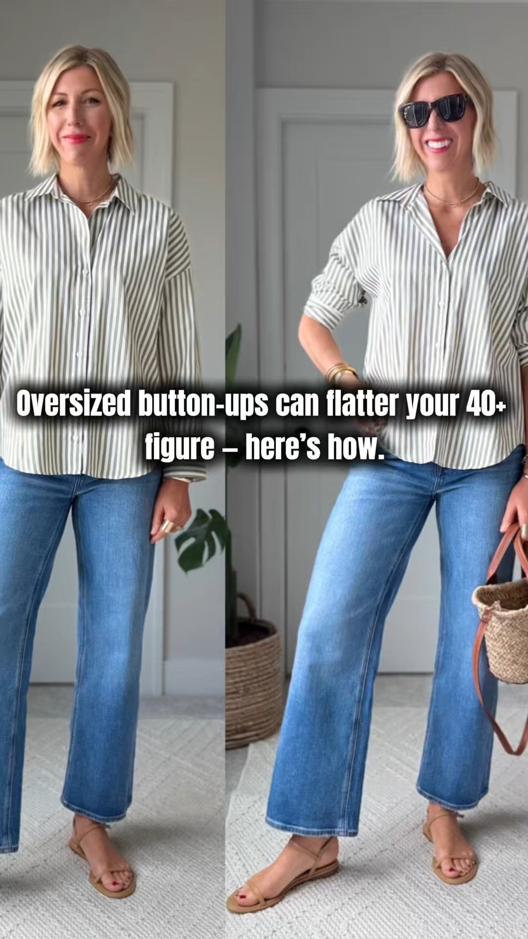 The oversized button-up is a timeless piece — but let’s be real…
Without the right styling, it can feel more “pajama” than polished.

Here’s the no-frump formula:
	1.	Open up the neckline — show a little skin to keep it fresh + flattering.
	2.	Roll the sleeves — this subtle tweak highlights your waistline effortlessly.
	3.	Add structure with wide-leg denim — it’s balanced, modern, & chic!

I sized up to medium in this stripe, oversized button up + wearing my tts 28 in the 30” length jeans (these have amazing stretch in our midrise) 👏🏻

#LTKSeasonal #LTKOver40 #LTKFindsUnder50