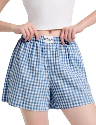 LOMON Womens Boxer Shorts Casual Summer Cotton Pajama Lounge Sleep Pj Gingham Plaid Shorts Y2K Be... | Amazon (US)
