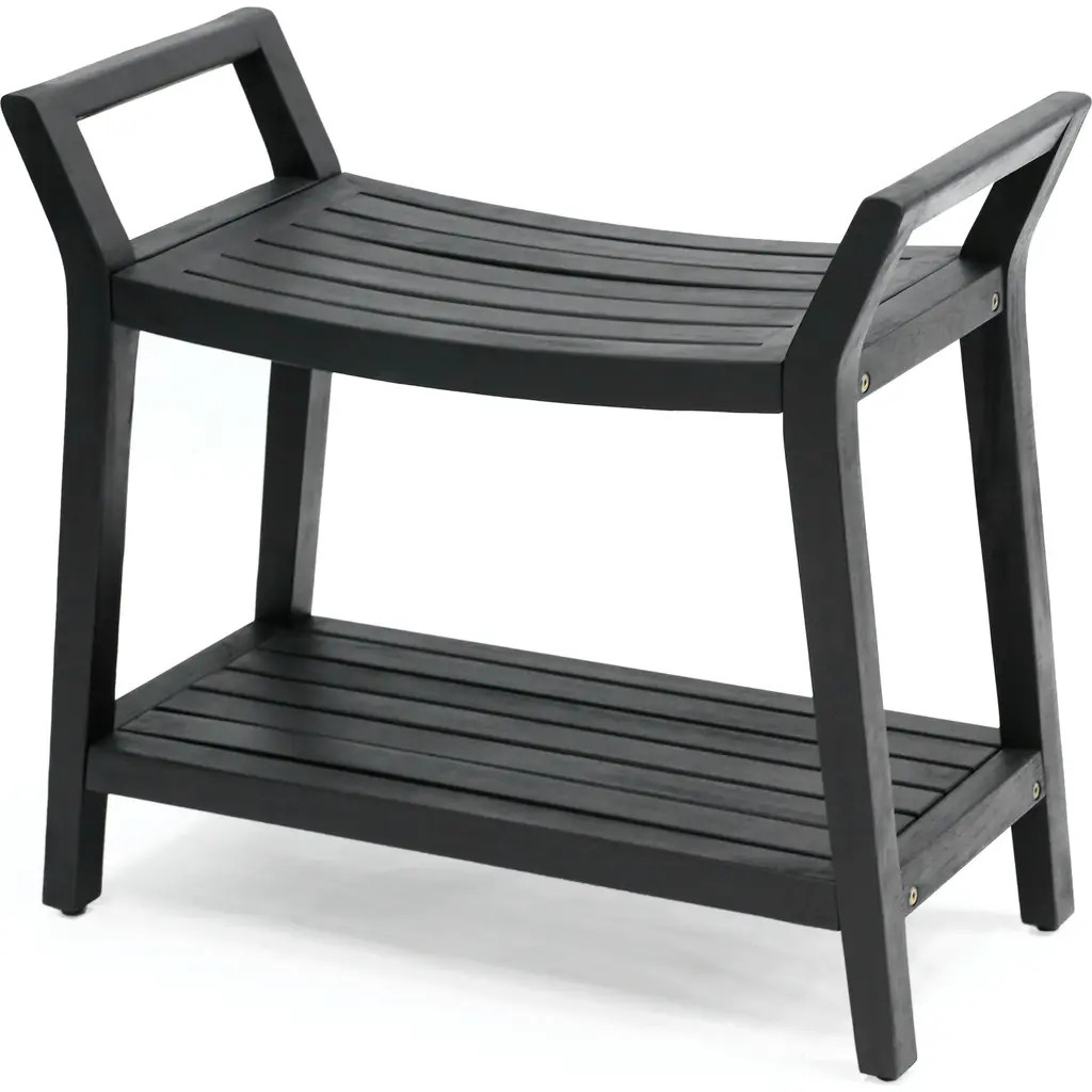 JONATHAN Y Orla 25.6"" Modern Classic Slatted Solid Acacia Wood Indoor/Outdoor Shower Bench with Shelf and Handle in Black at Nordstrom | Nordstrom