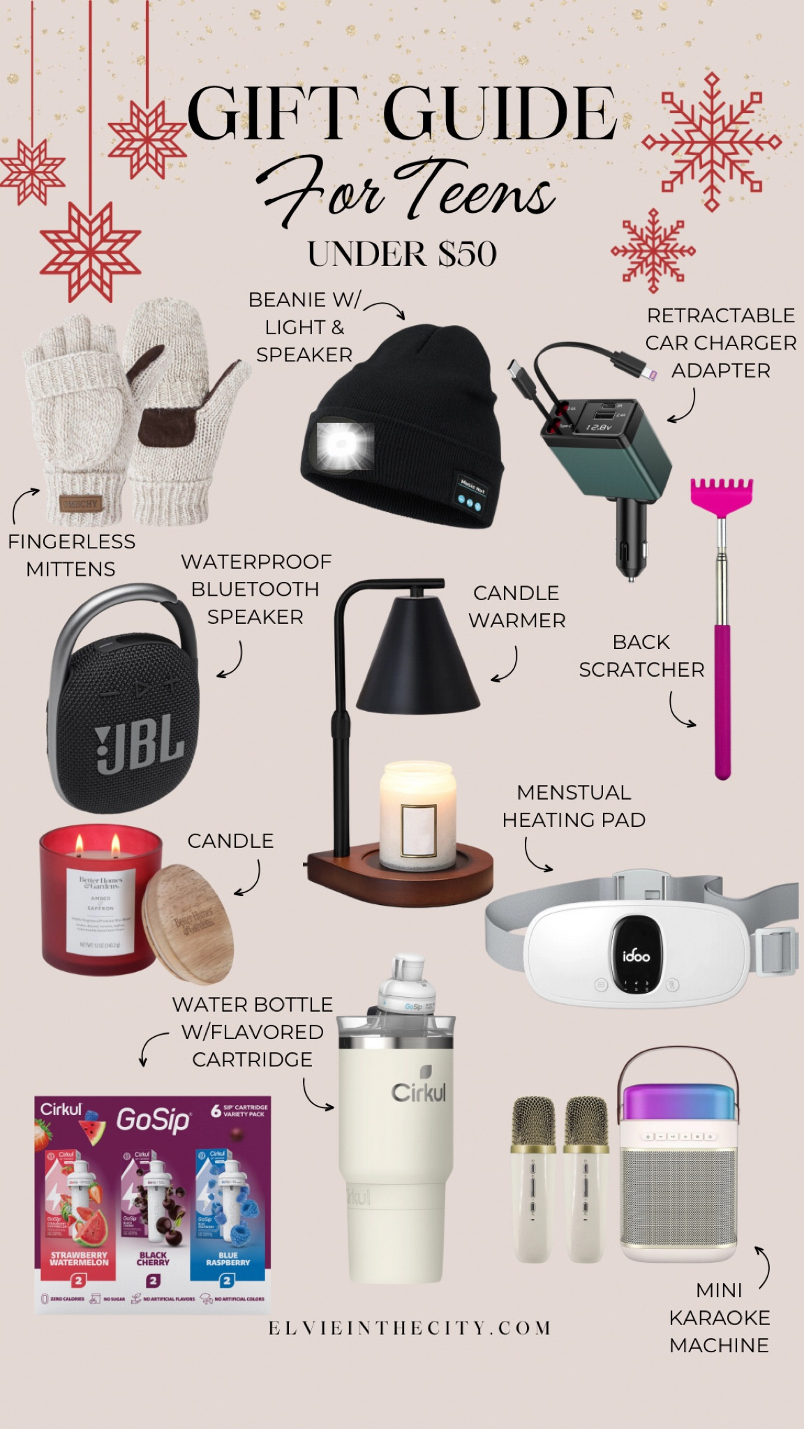 These gift ideas for teens are all under $50 and include fingerless mittens, a lighted beanie with Bluetooth speaker, a retractable car charger adapter, a waterproof Bluetooth speaker, a candle warmer and candle, retractable back scratcher, menstrual heating pad, a water bottled with flavored cartridges, and a mini karaoke machine.

Gift guide, gift for teens, gifts for boys, gifts for girls, gifts under 50

#LTKGiftGuide #LTKFindsUnder50 #LTKHoliday