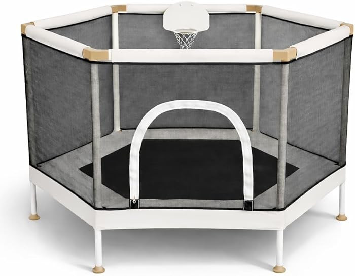Kids Trampoline, Aesthetic Indoor and Outdoor Toddler Trampoline with Safety Net, Basketball Hoop... | Amazon (US)