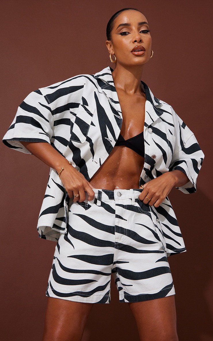Monochrome Zebra Print Oversized Denim Shirt | PrettyLittleThing US