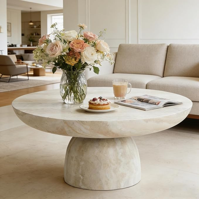 31.5" Modern Faux Marble Coffee Table, Round Stone Coffee Table with Cylindrical Leg, Fiberglass ... | Amazon (US)