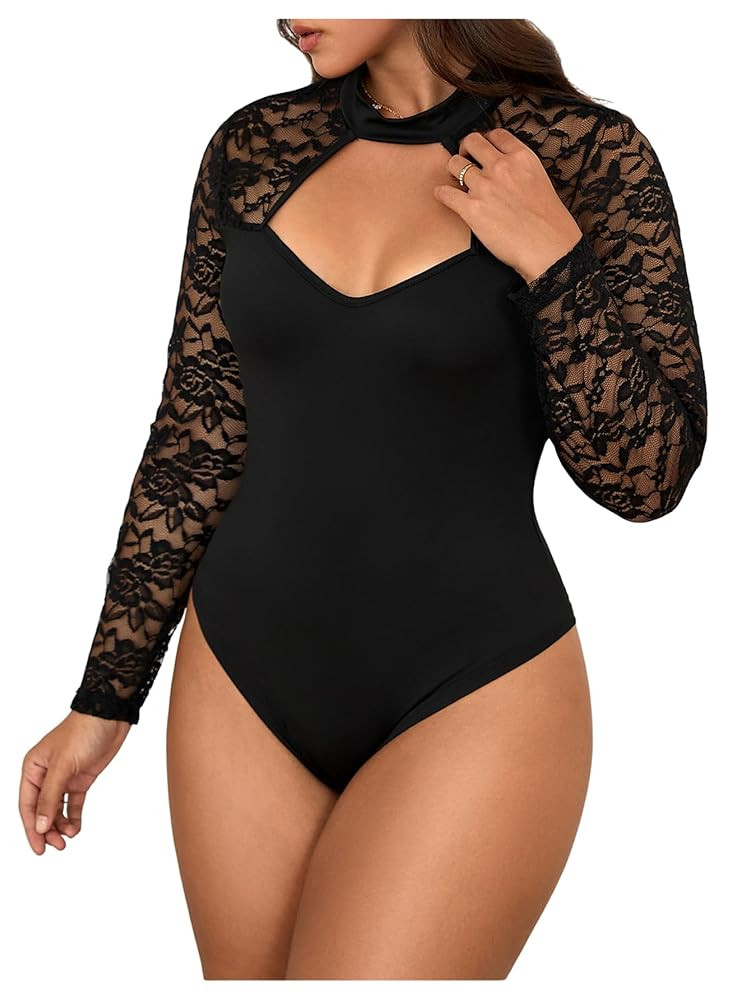 MakeMeChic Women's Plus Size Floral Lace Mock Neck Long Sleeve Cut Out Bodysuit Tee Shirts | Amazon (US)