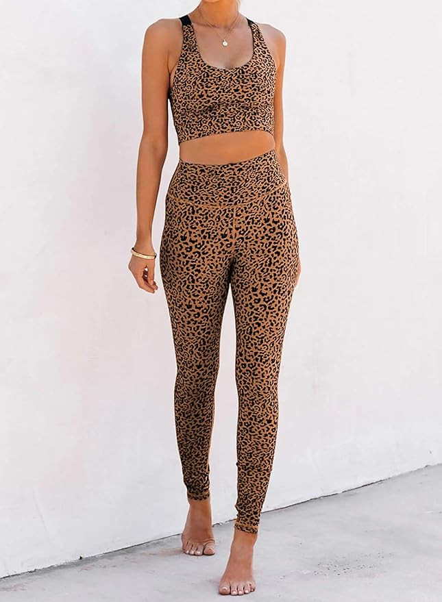 Aleumdr Womens Yoga Outfits 2 Piece Set Workout Athletic Leopard Print Shorts Leggings and Sports... | Amazon (US)