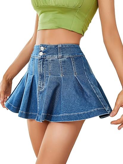 WDIRARA Women's Pleated Denim Skirt High Waisted A Line Button Up Ruffle Casual Mini Skirt | Amazon (US)