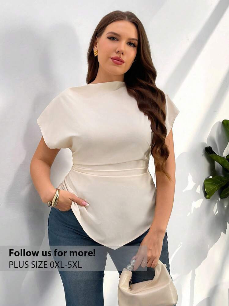 Firerie Plus Size Women's Summer Simple Solid Color Asymmetric Hem Cinched Waist Blouse | SHEIN