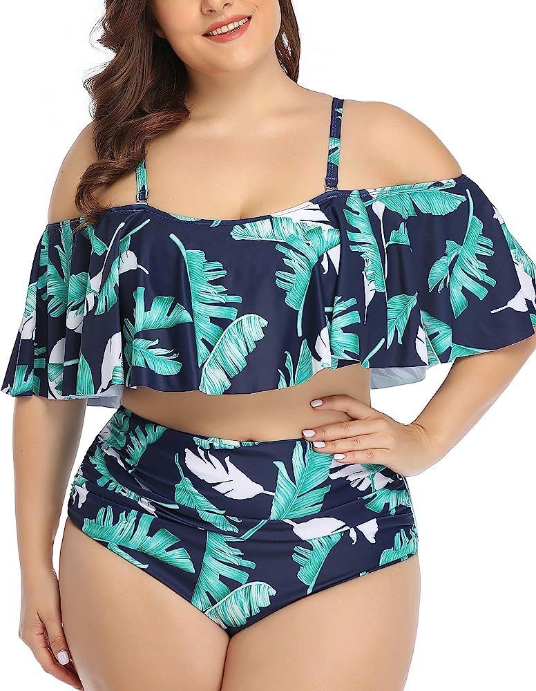 Plus Size Two Piece Swimsuits for Women Off Shoulder Top High Waisted Ruched Bikini | Amazon (US)