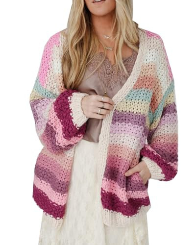 Women's Rainbow Striped Knitted Cardigan Sweater in Color Long Sleeve Kimono Style Casual Outwear | Amazon (US)