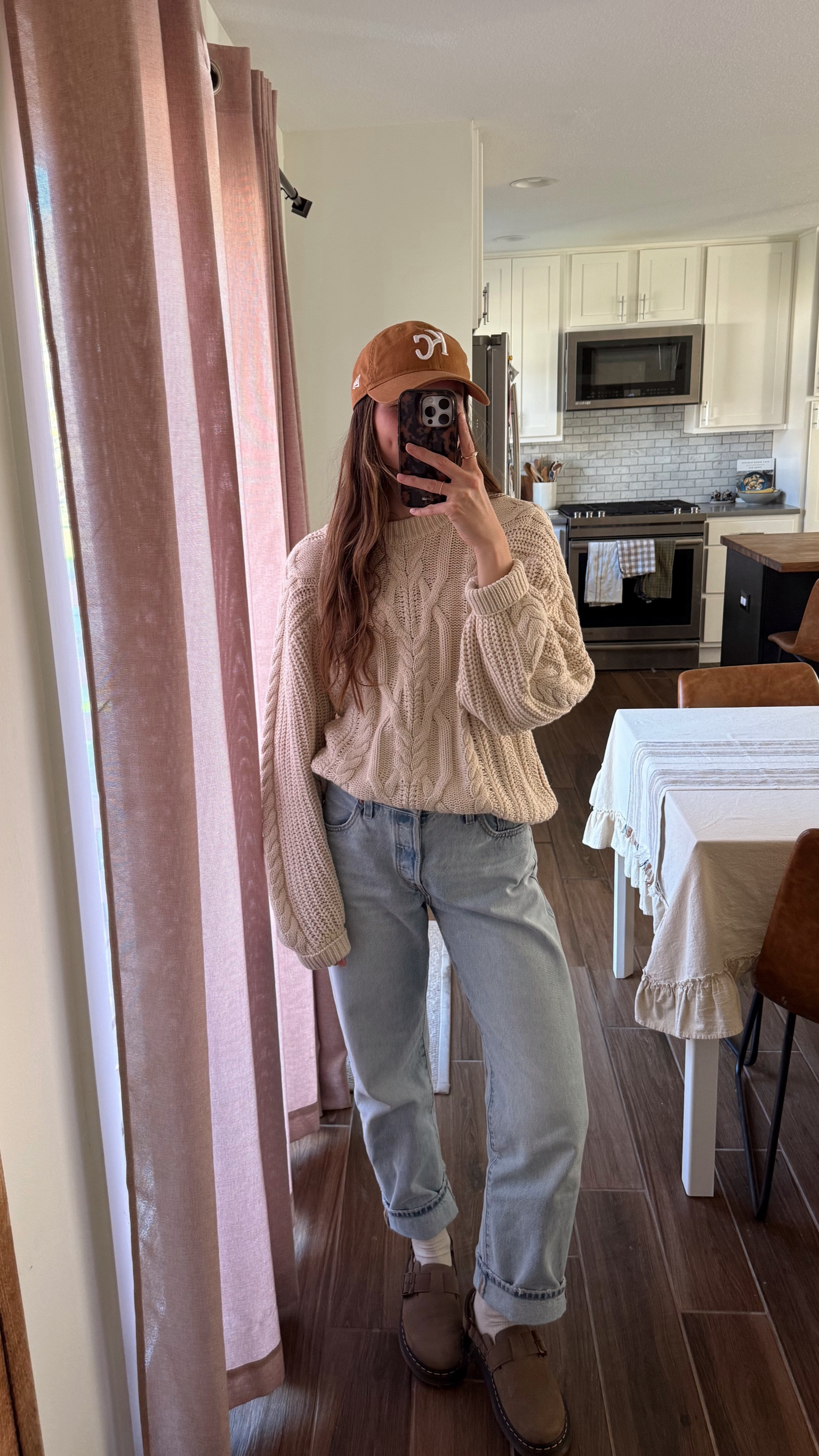 sized up to medium in sweater for a more oversized fit, so cozy and love the cable knit! 
jeans run big, I sized down one 
clogs are tts and so comfortable, color is dark khaki buttersoft 

Fall outfit, mom outfit, winter outfit 

#LTKSeasonal