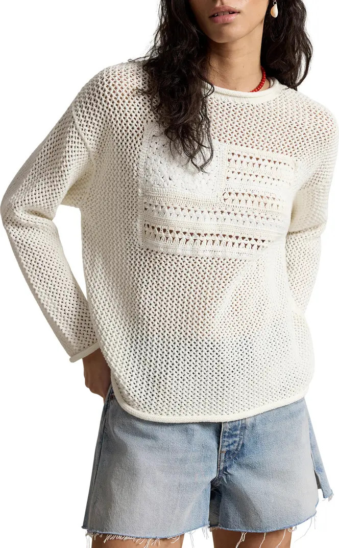 Polo Ralph Lauren Tonal Flag Mixed Open Stitch Cotton Sweater | Nordstrom | Nordstrom