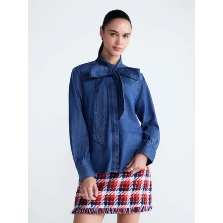 Free Assembly Women's and Women's Plus Long Sleeve Tie Neck Shirt, Sizes XS-4X | Walmart (US)