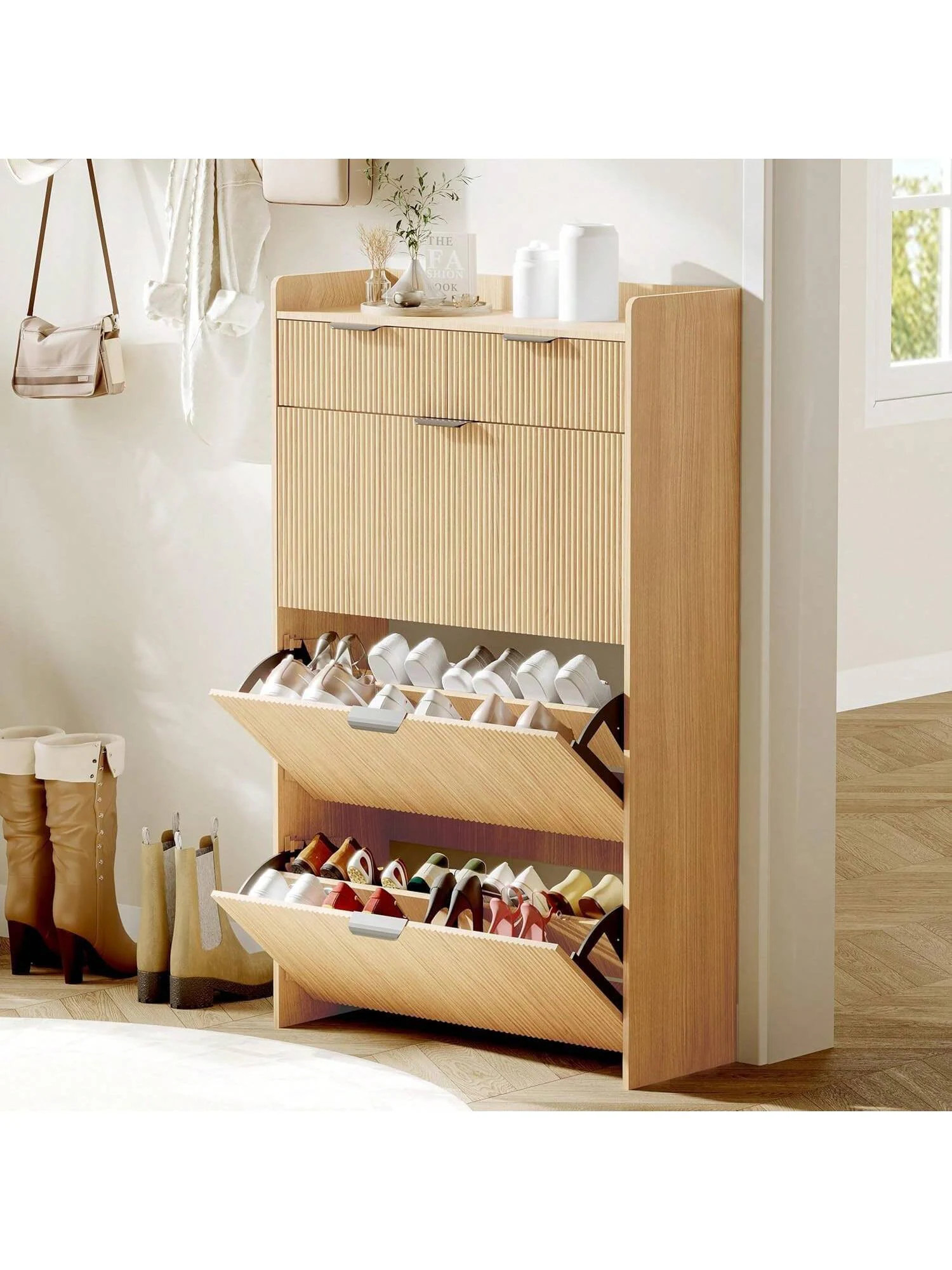 Garvee Modern Fluted Shoe Cabinet With 3 Flip Drawers Slim Shoe Storage Organizer With 2 Drawers Side Hook Space Saving Wooden Hidden Shoe Rack | Lowe's