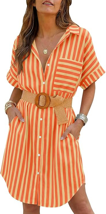 Wenrine Women's Oversized Striped Shirt Dress Casual Button Up Short Sleeve Belted Summer Midi Lo... | Amazon (US)
