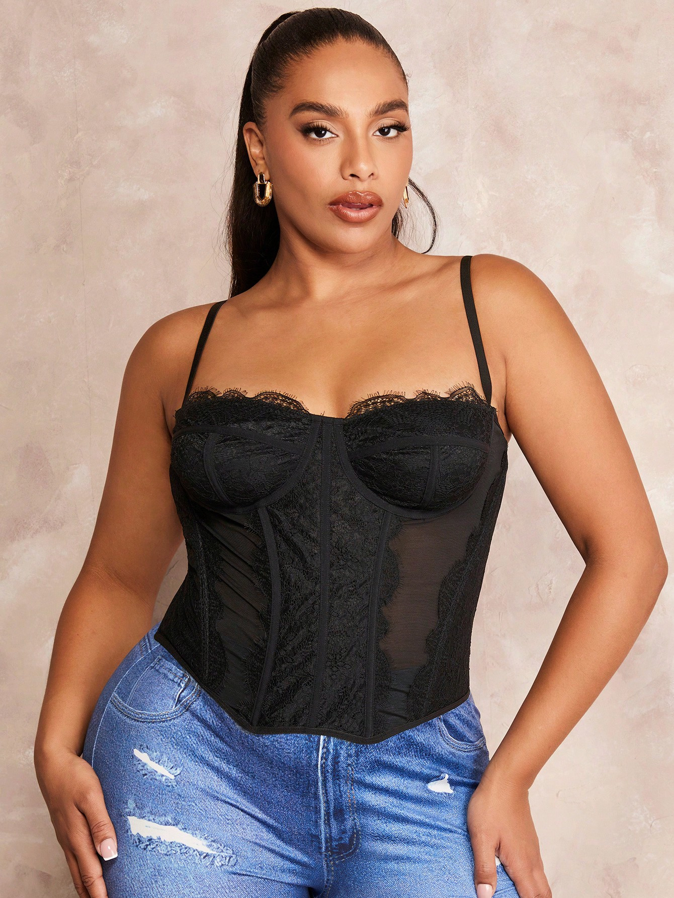 SHEIN BAE Plus Lace Panel Bustier Cami Top | SHEIN