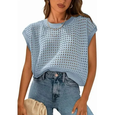 PRETTYGARDEN Womens Spring Tops Summer Shirts Crochet Cap Sleeve Sweater Pullover Cute Crew Neck Beach Cover Ups | Walmart (US)