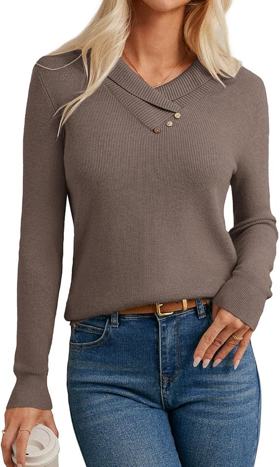 GRACE KARIN Sweaters for Women 2025, Fall Fashion Long Sleeve V Neck Collared Knitted Pullover Sw... | Amazon (US)