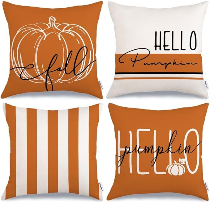 GEEORY Fall Decor Pillow Covers 18x18 Set of 4 Hello Pumpkin Orange Stripes Fall Pillows Decorati... | Amazon (US)