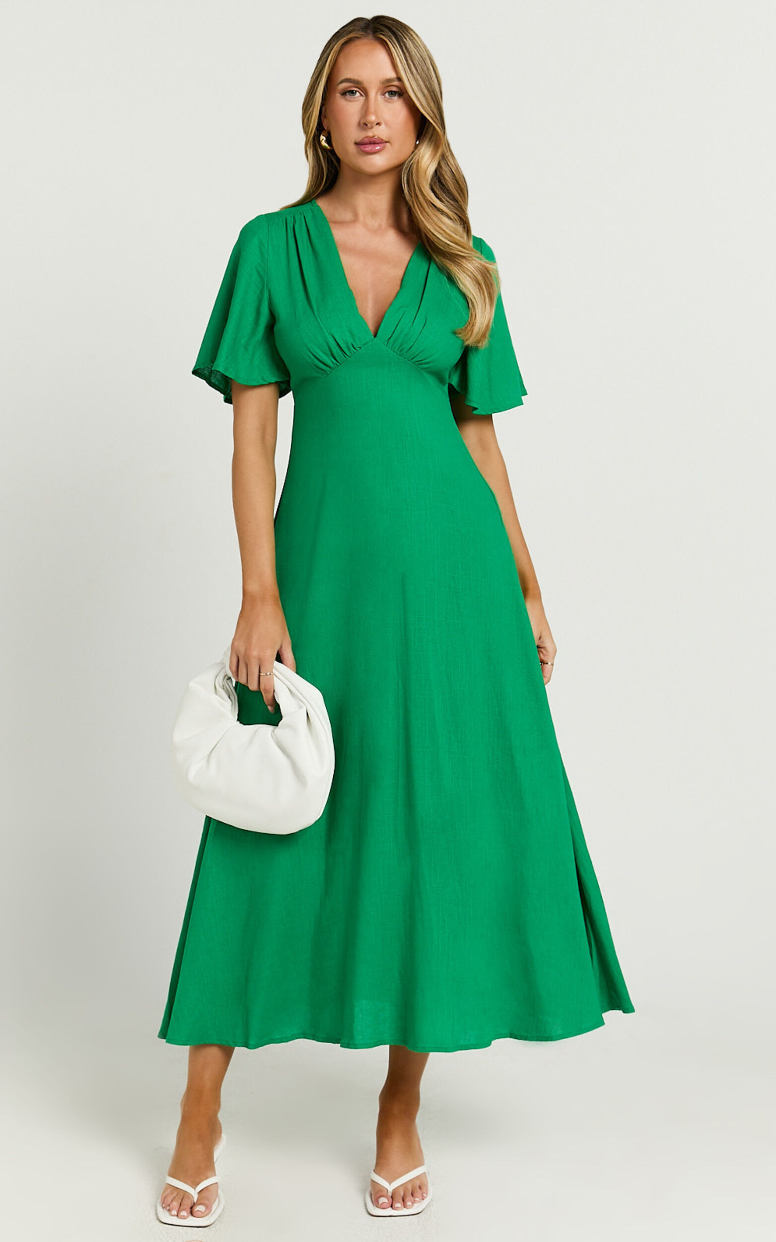 Dakota Midi Dress - Linen Flutter Sleeve A Line Dress in Green | Showpo (US, UK & Europe)