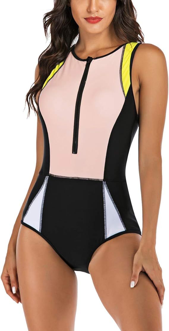 SEBOWEL Women Sleeveless Striped Print Zip Front Rash Guard One Piece Swimsuit Athletic Swimwear | Amazon (US)
