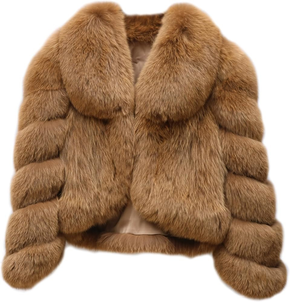 Women's Genuine Fox Fur Coat Warm Winter Long Sleeve Cropped Jacket Outerwear | Amazon (US)