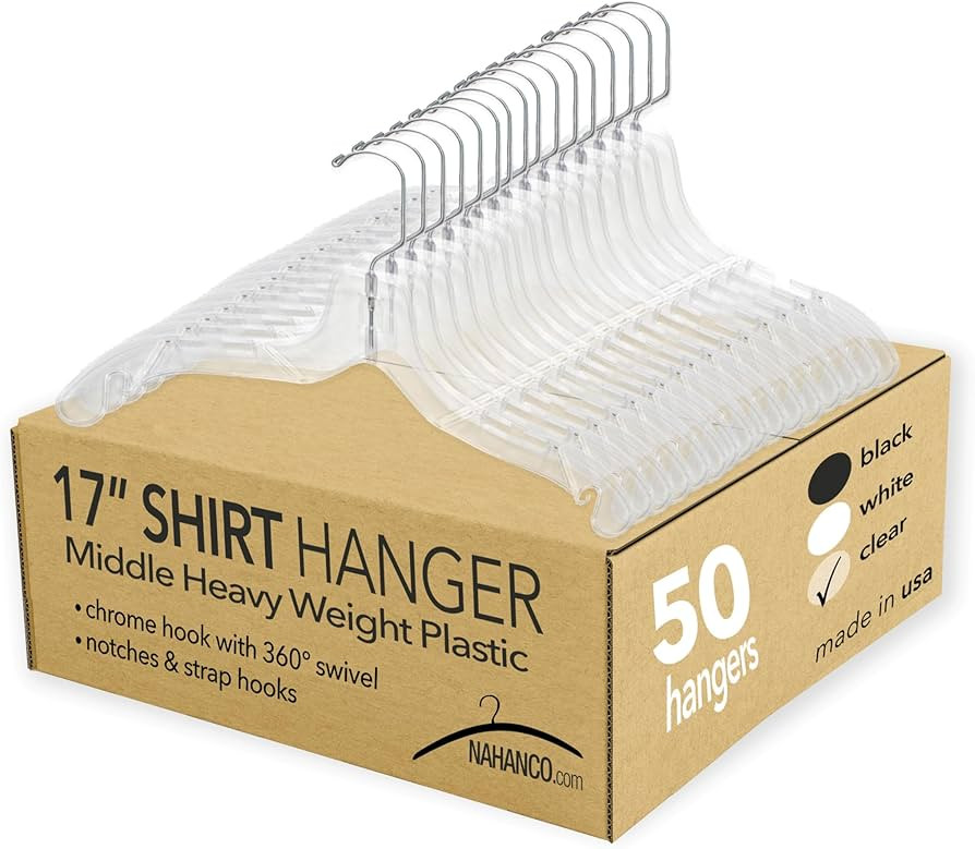 NAHANCO 505HU Middle Heavy Weight Plastic Shirt Hanger, 17", Clear (Pack of 50), Made in USA | Amazon (US)