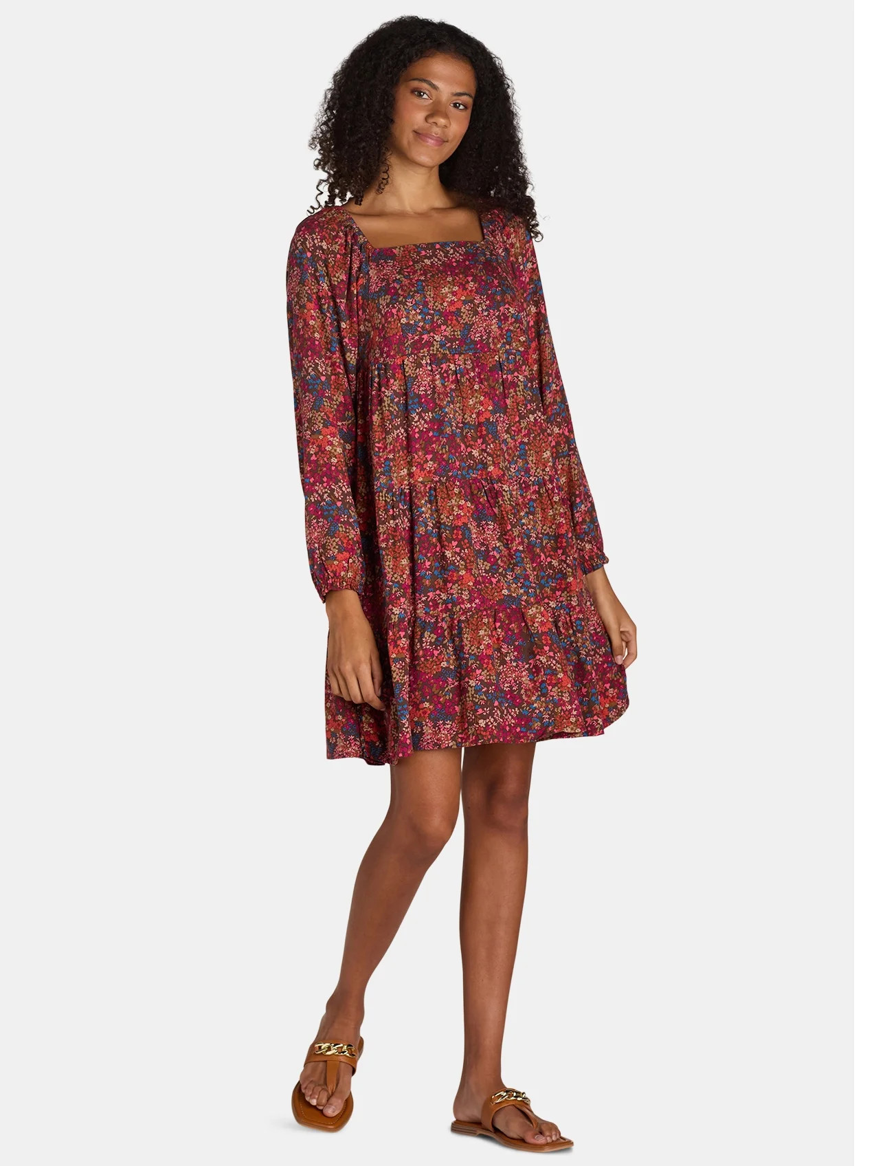 Time and Tru Women's Square Neck Mini Dress with Long Sleeves, Sizes XS-XXXL - Walmart.com | Walmart (US)