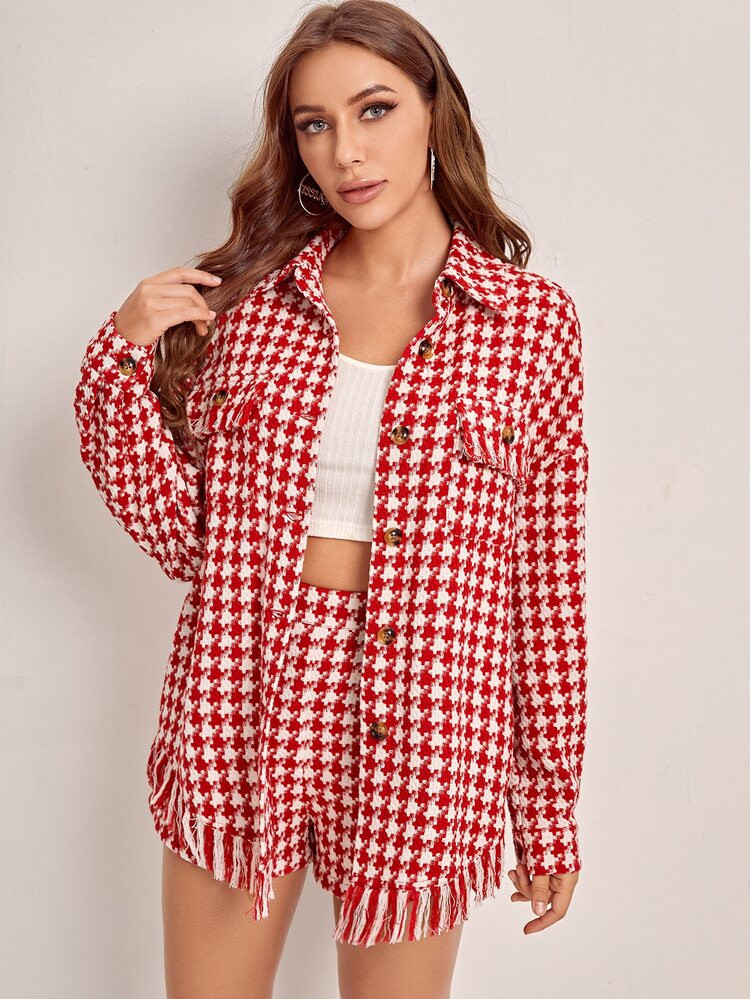 SHEIN Houndstooth Drop Shoulder Coat & Raw Hem Shorts | SHEIN