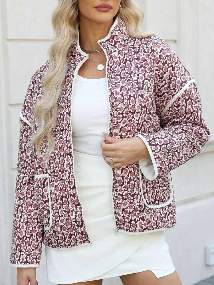 Women's Cropped Quilted Jacket Floral Printed LightWeight Padded Puffer Cardigan Coat Outwear | SHEIN
