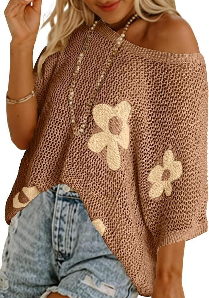 SELINK Flower Crochet Tops for Women Short Sleeve Hollow Out Sweaters Swimsuit Cover Ups Lightwei... | Amazon (US)