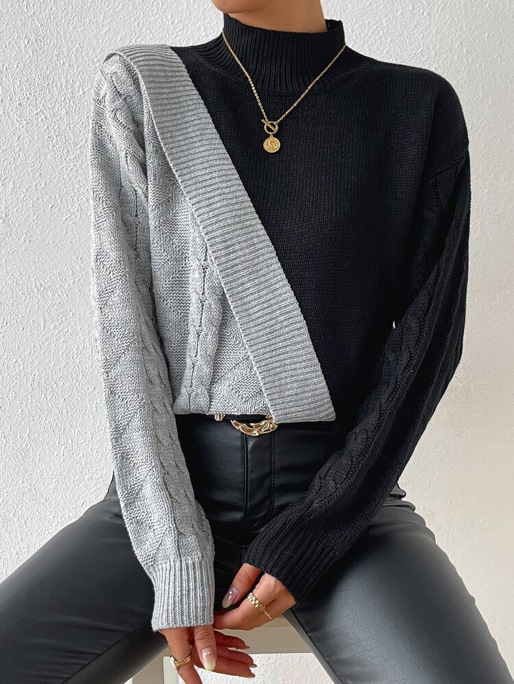 Two Tone Mock Neck Cable Knit Sweater | SHEIN