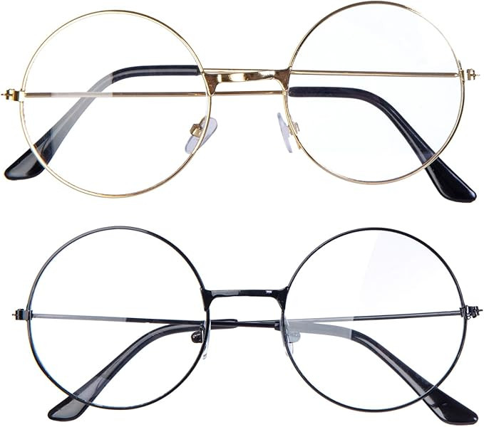2 Pack Round Costume Glasses,Cosplay Old Man Costume Glasses Santa Gold Round Glasses, Wizard Wir... | Amazon (US)