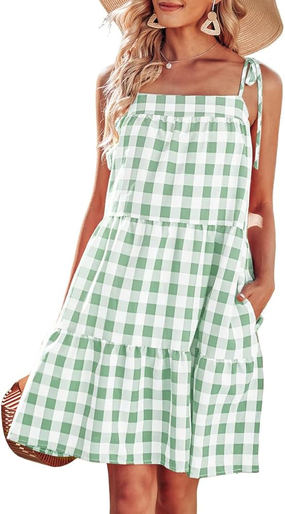 Potany Women's Summer Dresses Spaghetti Strap Mini Dress Plaid Tiered Ruffle Loose Short Flowy Pleat | Amazon (US)