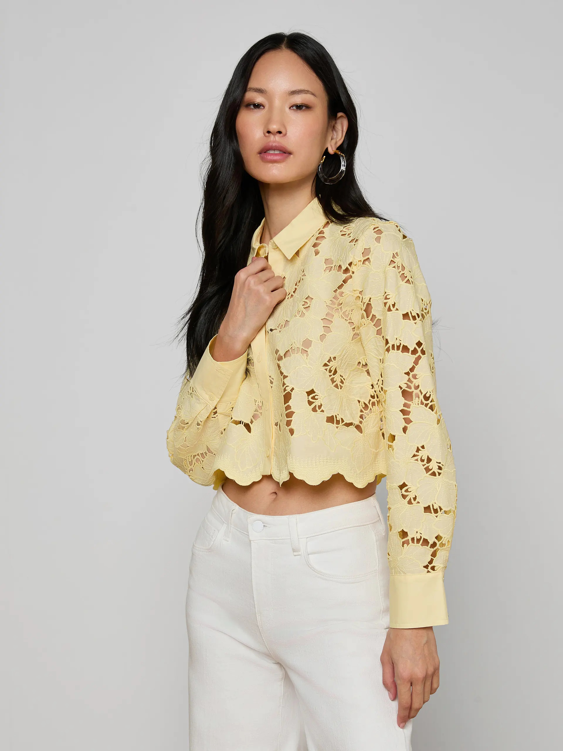 Seychelle Cropped Eyelet Blouse in Lemon Sorbet | L'AGENCE | L'Agence