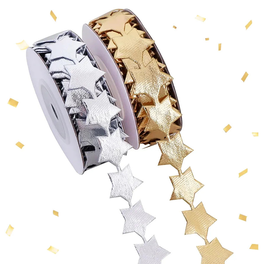 TONIFUL 2 Rolls 5/8 Inch Christmas Ribbons - Gold & Silver Stars Trim Ribbons for Christmas Tree,... | Amazon (US)