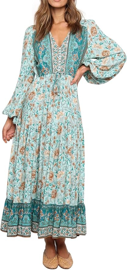 R.Vivimos Women's Long Sleeve Cotton V-Neck Button Up Floral Print Boho Flowy Midi Dresses | Amazon (US)