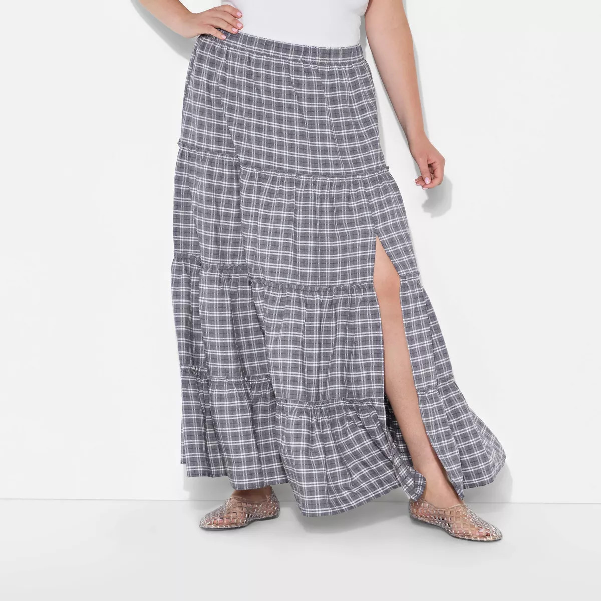 Women's Tiered Maxi A-Line Skirt - Wild Fable™ Gray Plaid | Target