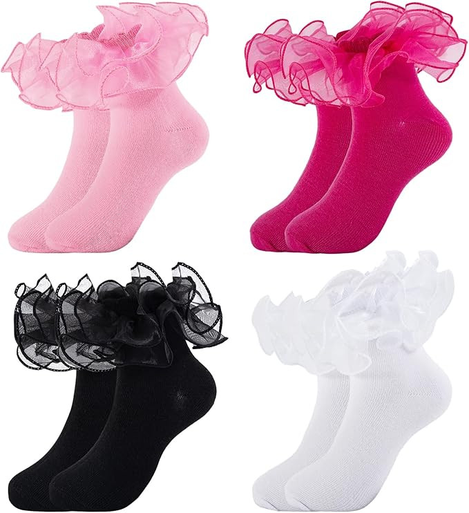 Girls White Ruffle Socks Toddler Girl Frilly Lace Dress Ruffles Cuff Sock Comfortable Cotton Sock... | Amazon (US)