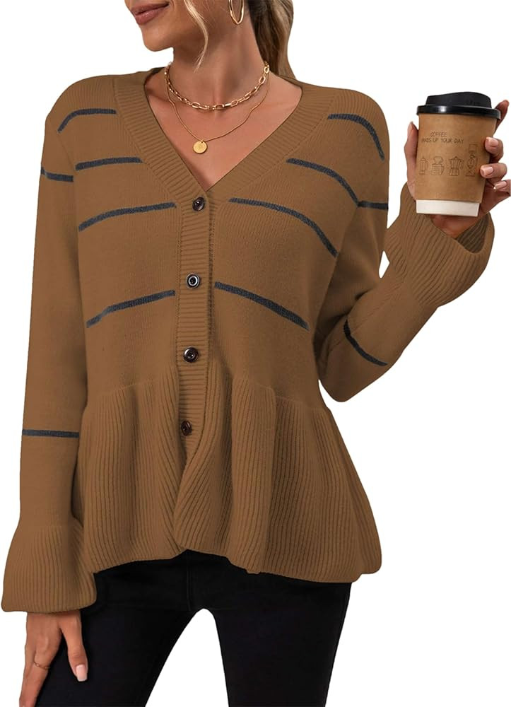 Mingzhu Women's Striped Cardigan Sweaters Long Sleeve Button Down Cropped Knit V Neck Casual Pepl... | Amazon (US)