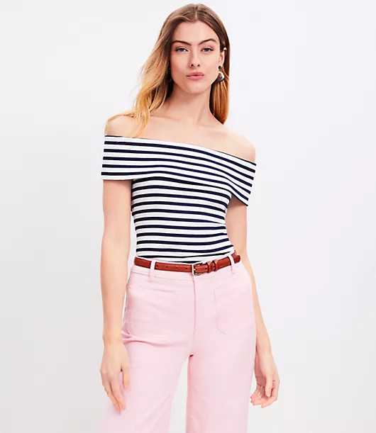 Loft Petite Stripe Ribbed Off The Shoulder Top | LOFT