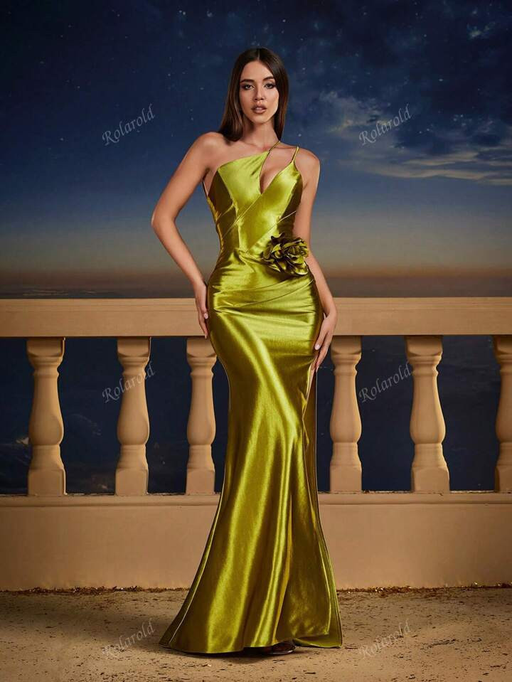 Vestido largo de hombros abiertos con cuello asimétrico y abertura alta, sofisticado vestido de ... | SHEIN