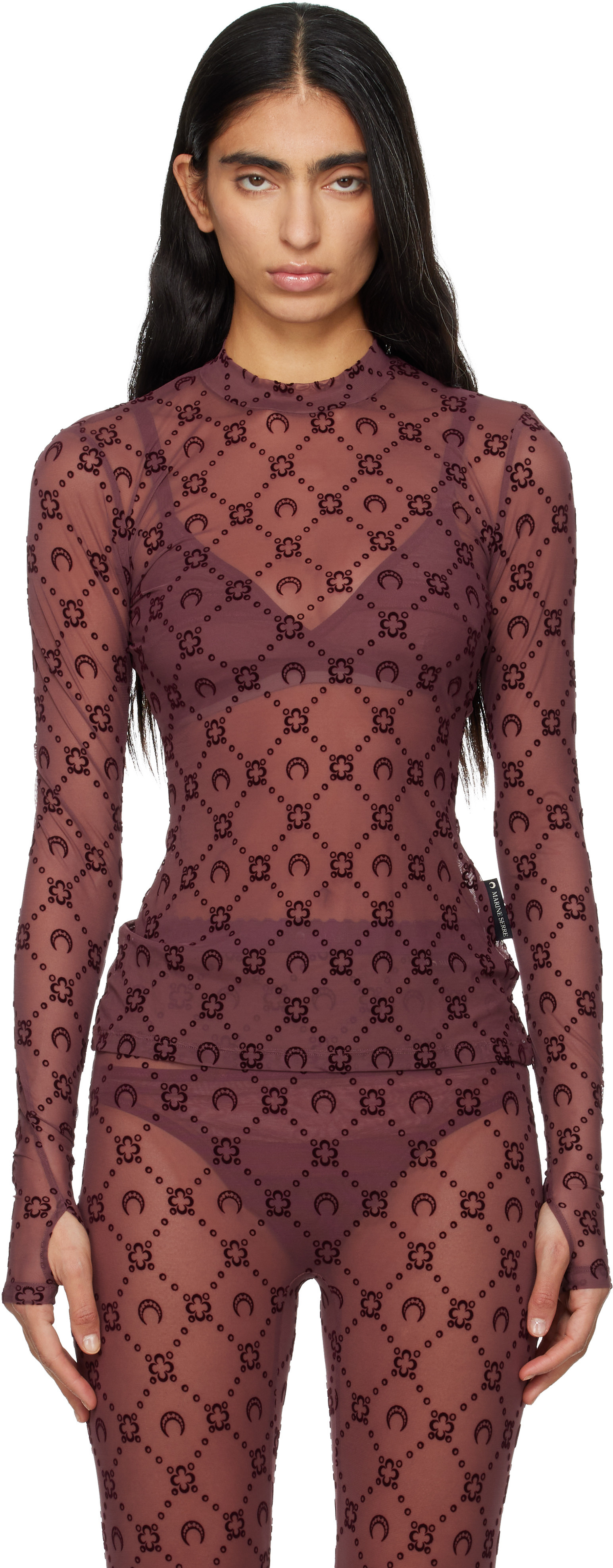 Marine Serre Burgundy Moonogram Mesh Flock T-shirt | SSENSE